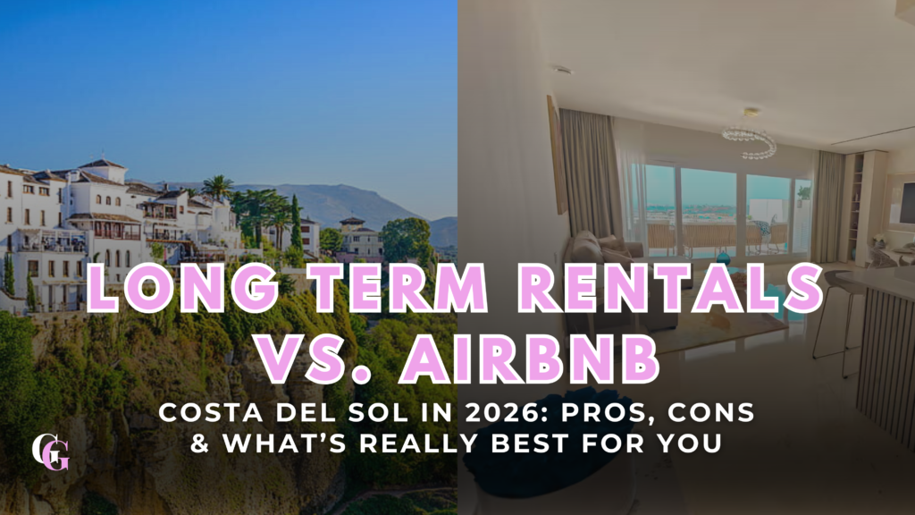 Costa del Sol long term rentals vs Airbnb – side-by-side photo showing Spanish cliffside village and modern rental apartment interior.